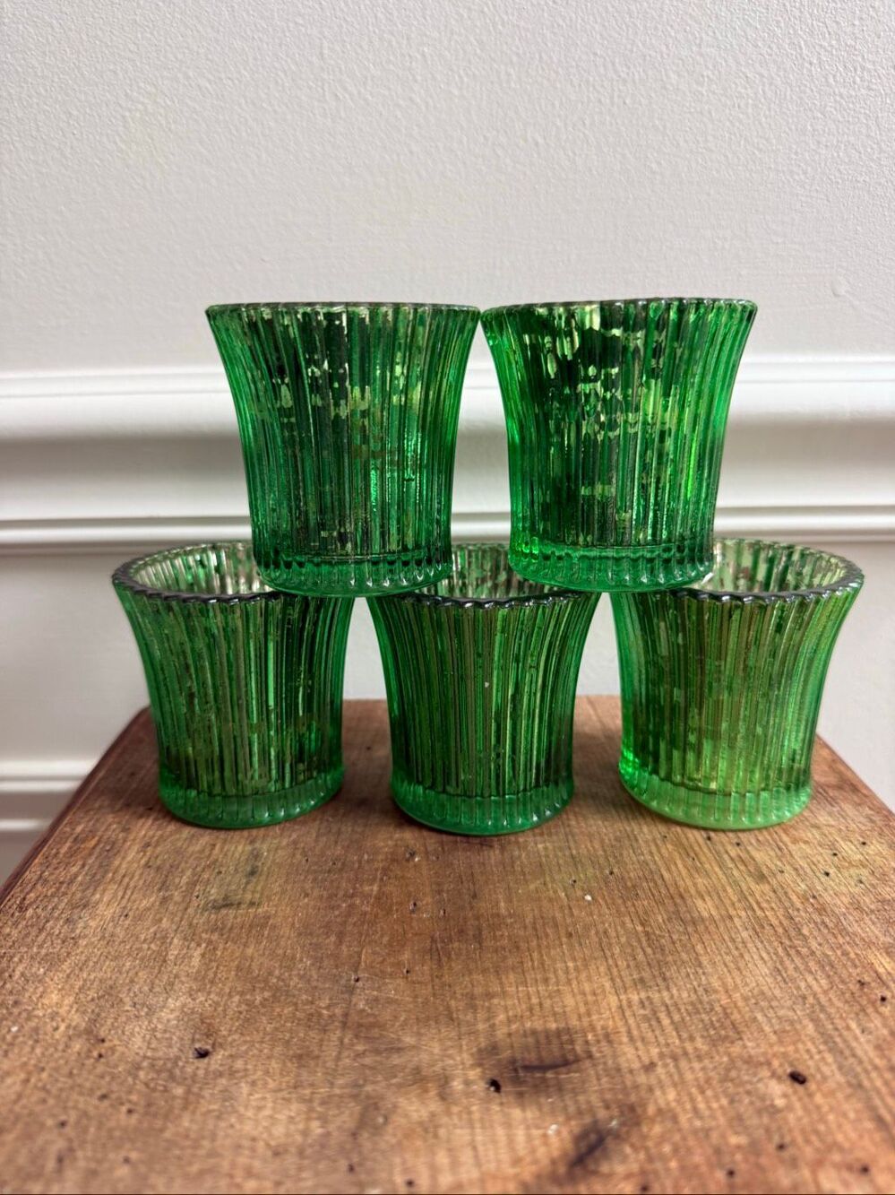 5 Green Fluted Vintage Style Pressed Votive Tea Light Candle Holders
